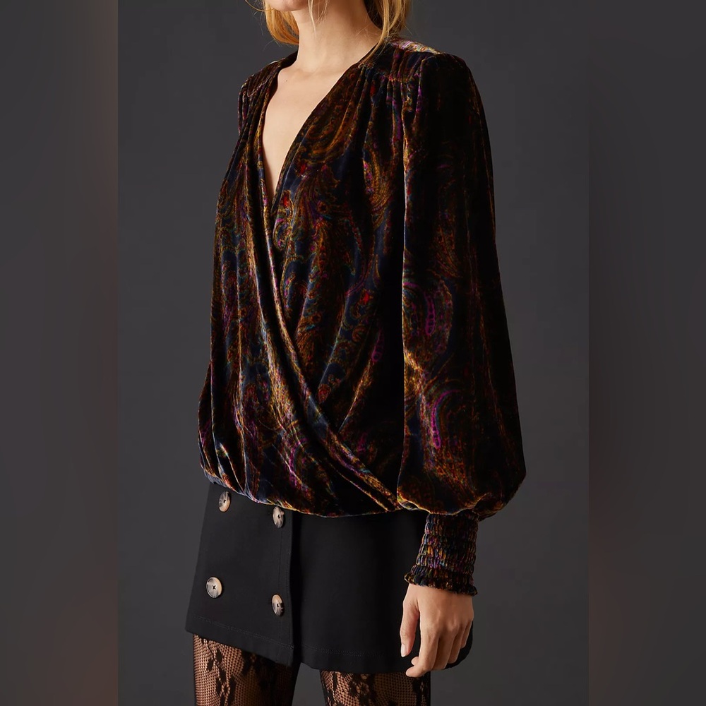 Anthropology Multicolor Velvet Wrap Top - Picture 4 of 16